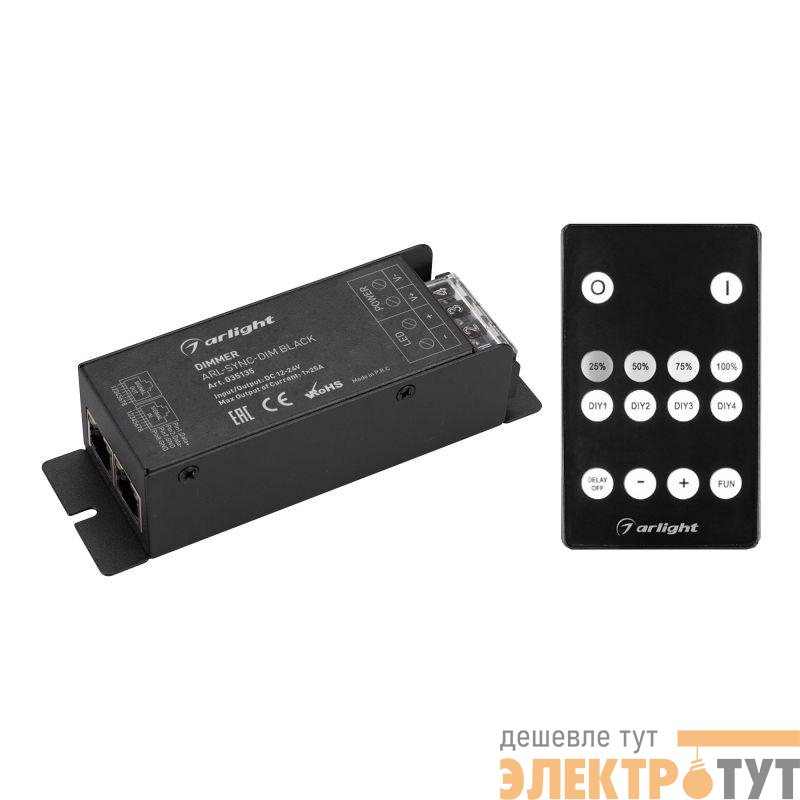 Диммер ARL-SYNC-DIM Black 12-24В 1х25А ПДУ 14 кнопки RF RJ45 IP20 метал. Arlight 035135