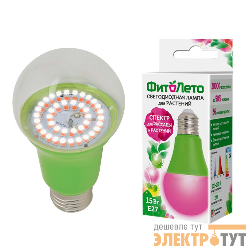 Лампа светодиодная LED-A60-15W/SPSB/E27/CL PLP30GR 15Вт A60 грушевидная прозрачная для растений спектр для рассады и цветения (упак. картон) Uniel UL-00004582
