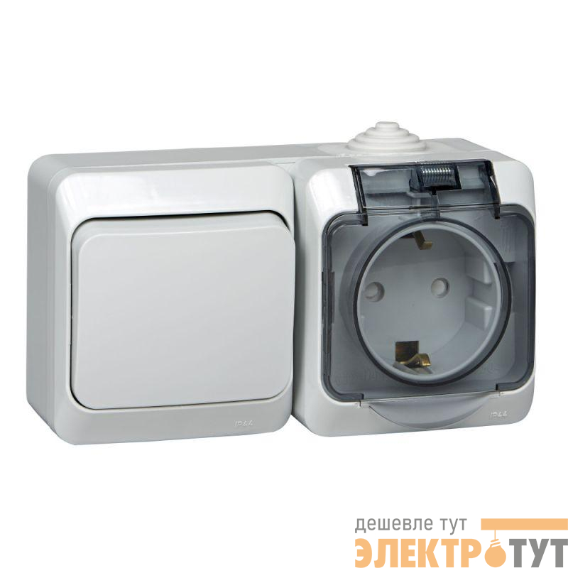 Блок ОП Этюд (1-м розетка 16А 250В евростандарт с заземл. защ. шторки + 1-кл. перекл.) IP44 сер. SE BPA16-246C