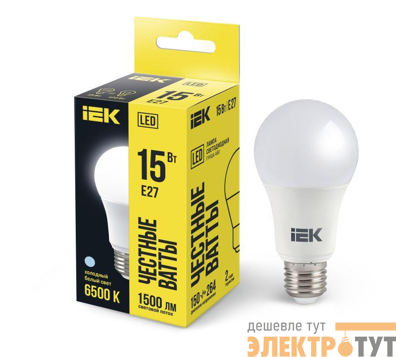Лампа светодиодная A60 15Вт грушевидная 230В 6500К E27 IEK LLE-A60-15-230-65-E27