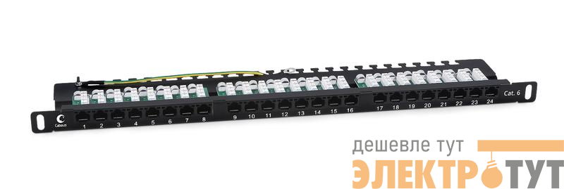 Патч-панель 19дюйм 0.5U 24 порта RJ45 кат.6 Dual IDC 90град. высокой плотности с задн. кабельн. организатором Cabeus 9667c