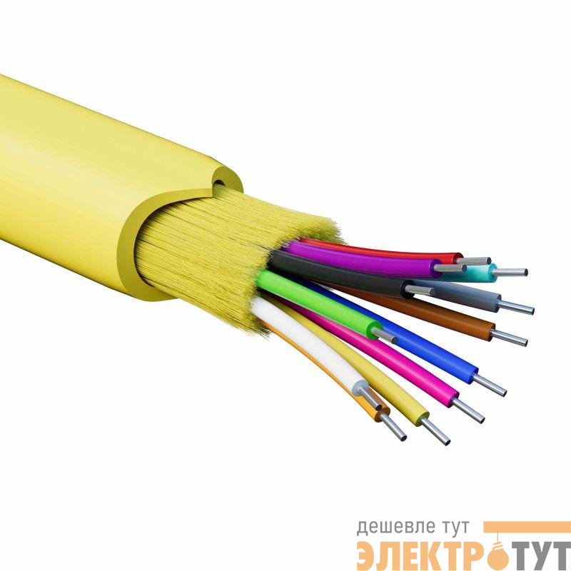 Кабель волоконно-оптический распределительный арамидные упрочняющие нити для внутренней прокладки нг(A)-HFLTx 12 ОВ категорияOS2 (G.652.D) плотный буфер 0.4кН барабан 500м DKC RNDT9C12YL03-E