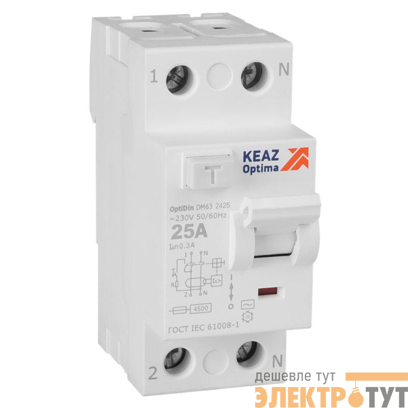 Выключатель дифференциального тока (УЗО) 2п 25А 300мА тип AC 4.5кА OptiDin DM63-2425 УХЛ4 КЭАЗ 343900