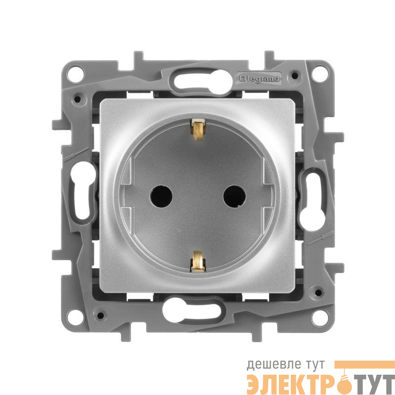 Розетка 1-м СП Etika 16А IP31 250В 2P+E с заземл. защ. шторки немецк. стандарт винтов. клеммы механизм алюм. Leg 672422