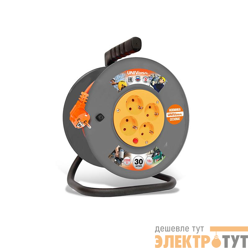 Удлинитель на катушке 4х30м с заземл. 6А IP20 ВЕМ-250 ПВС 3х0.75 термозащита защ. шторки UNIVersal 1680