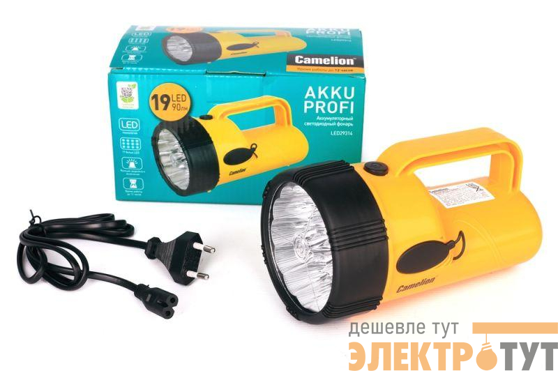 Фонарь аккумуляторный LED29314 19LED аккум. 4В 2.3А.ч 220В желт. Camelion 10471