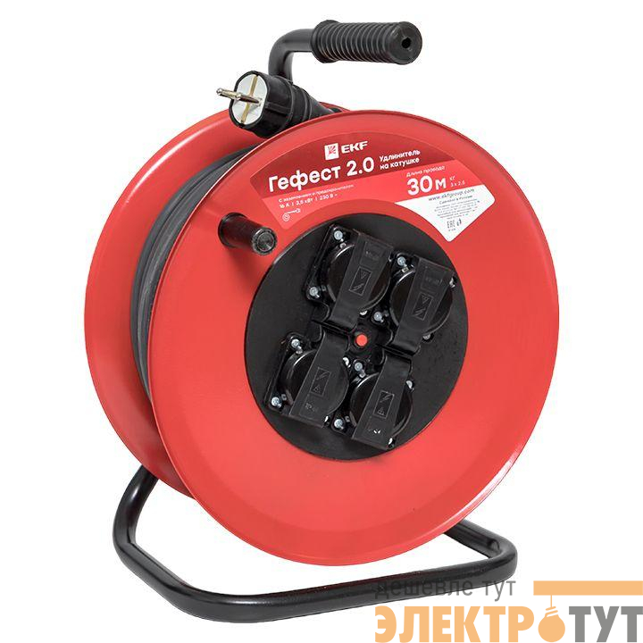 Удлинитель на катушке 4х30м с заземл. 16А IP44 Гефест 2.0 3.5кВт КГ 3х2.5 с предохранителем PROxima EKF UKG02-16-R325-4-30-IP44