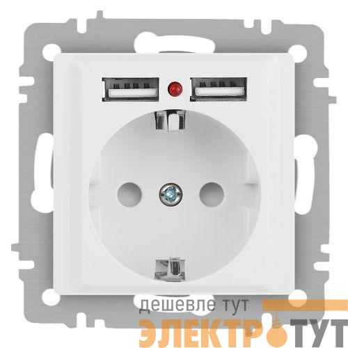 Розетка 1-м СП Accent 6-410-01М 16А IP20 250В P+E Schuko защ. шторки + 2хUSB бел. матов. Intro Б0063691