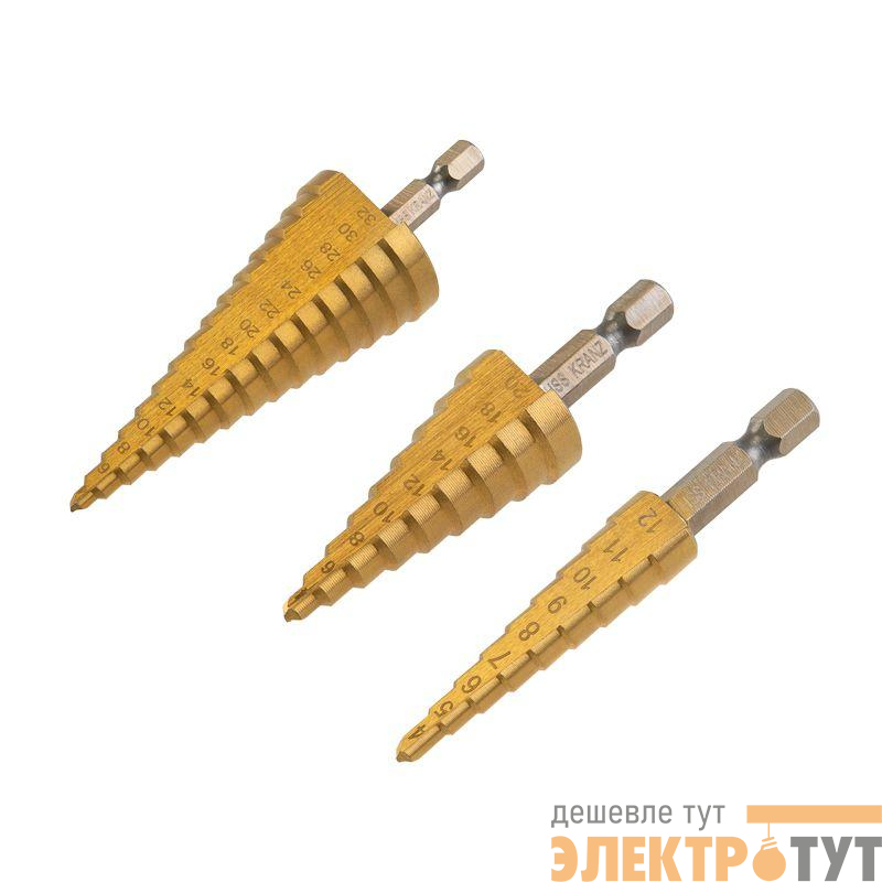 Набор ступенчатых сверл 4-12.4-20.4-32мм HSS-TiN ТИТАН (уп.3шт) Kranz KR-12-6620