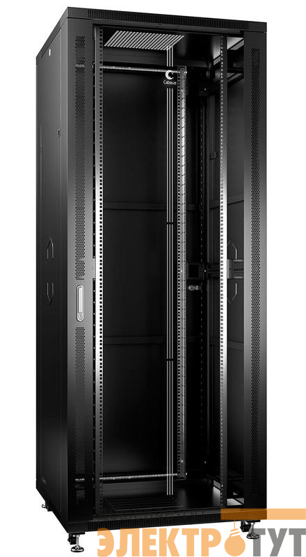 Шкаф монтажный телекоммуникационный 19дюйм напольный для распред. и серверного оборудования 42U 800х800х2055мм (ШхГхВ) передняя стеклянная и задняя сплошная металлическая двери ручка с замком SH-05C-42U80/80-BK RAL 9004 черн. Cabeus 8577c