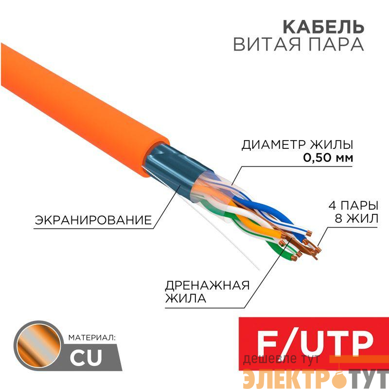Кабель витая пара F/UTP кат.5e 4х2х24AWG LSZH нг(А)-HF INDOOR SOLID оранж. (м) Rexant 01-0150
