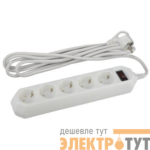 Удлинитель с сетевым фильтром 5х3м с заземл. 10А IP20 USF-5es-3m-W ПВС 3х0.75 с выкл. бел. Эра Б0019033