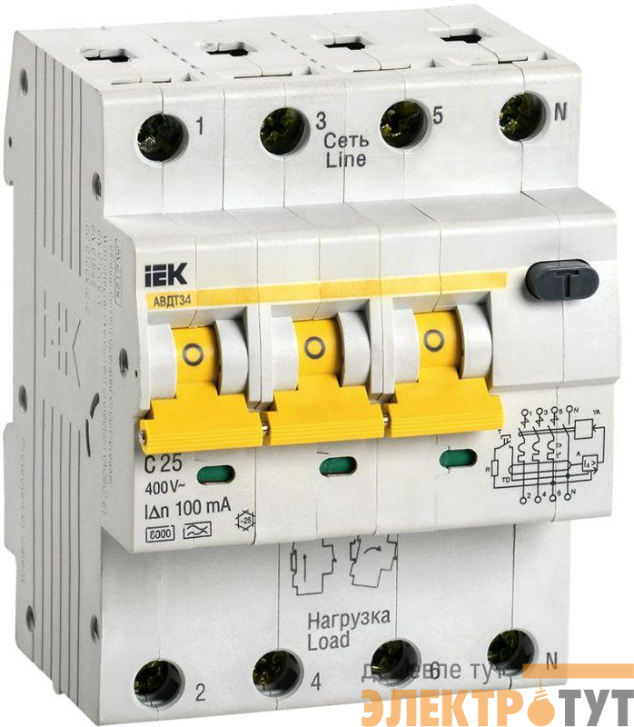 Выключатель автоматический дифференциального тока 4п (3P+N) C 25А 100мА тип A 6кА АВДТ-34 KARAT IEK MAD22-6-025-C-100