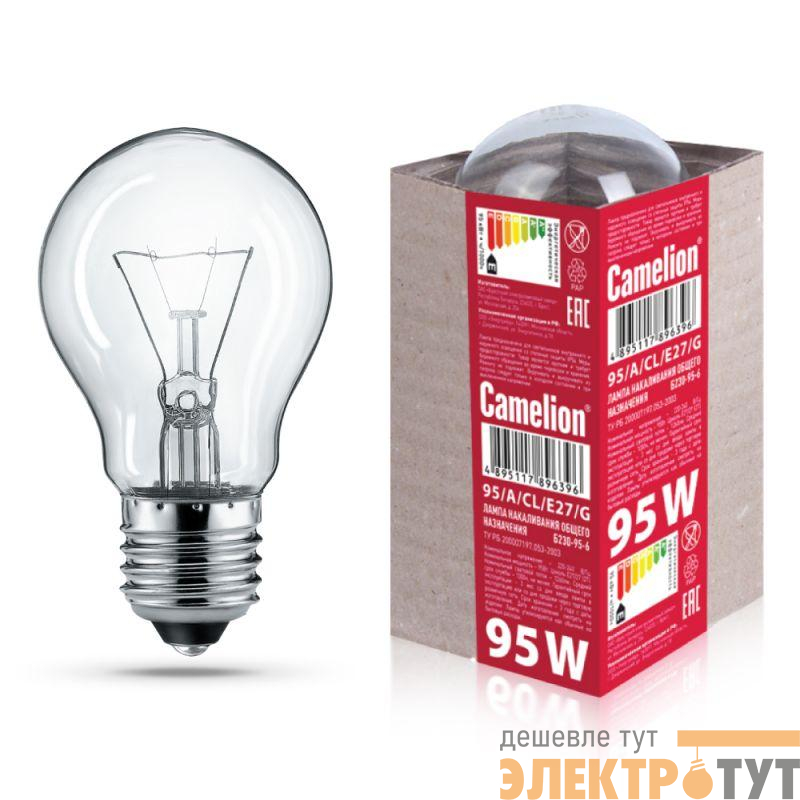 Лампа электрич. накаливания 95/A/CL/E27/G с прозр. колбой ЛОН ГОФРА Б230-95-6 Camelion 15043