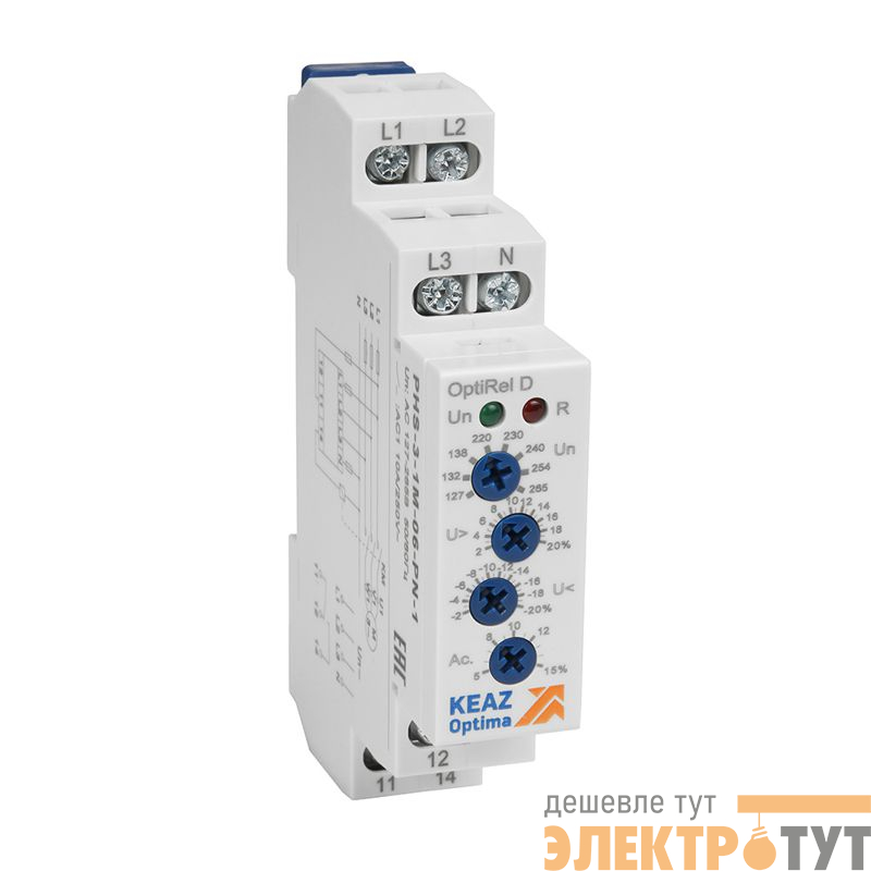 Реле контроля фаз OptiRel D PHS-3-1M-06-PN-2 повышенного/пониженного настр асимметрии 3Ф+N 2CО КЭАЗ 331996