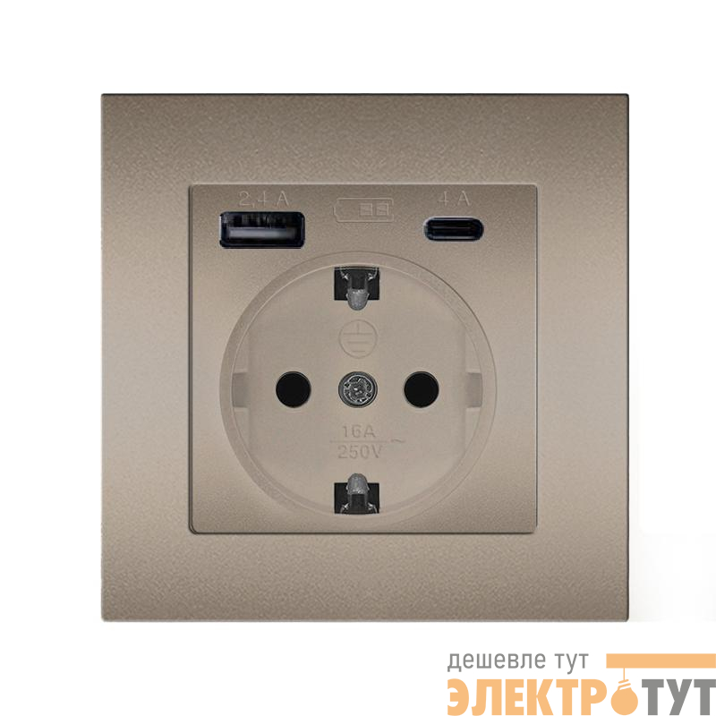 Розетка СП Афина 16А с заземл. с 2-мя заряд. устр. USB 5В тип А(2.4А)+С(4А) в сборе шампань Universal A0056-Br