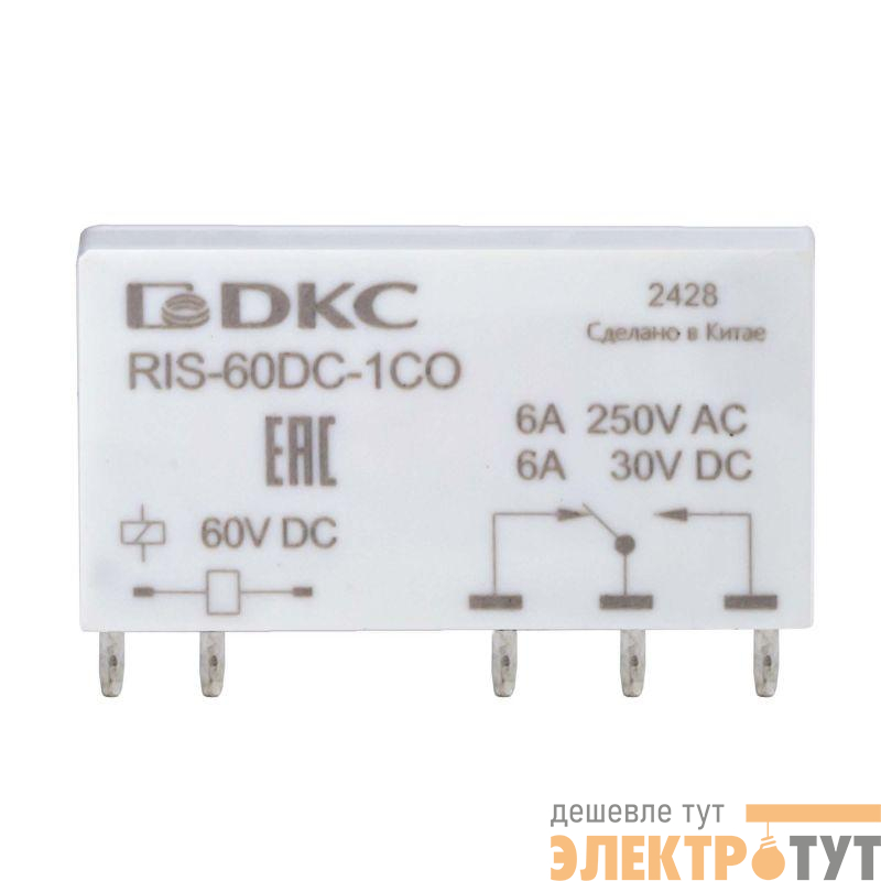 Реле миниатюрное ультратонкое 1CO ком. ток 6А AgSnO2 напряжение 60В DC DKC RIS-60DC-1CO