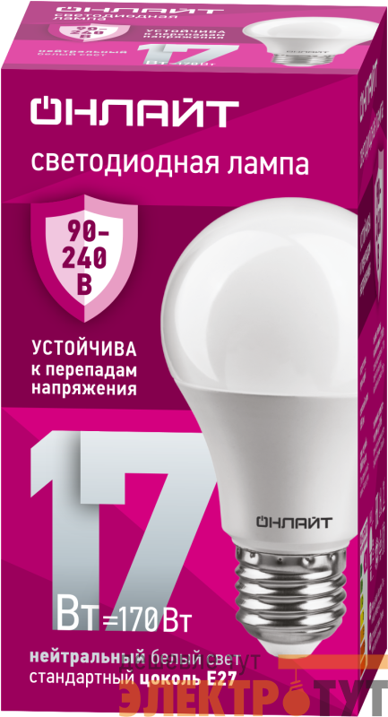 Лампа светодиодная 90 403 OLL-A60-17-230-4K-E27 17Вт грушевидная 4000К E27 90-240В PRO ОНЛАЙТ 90403