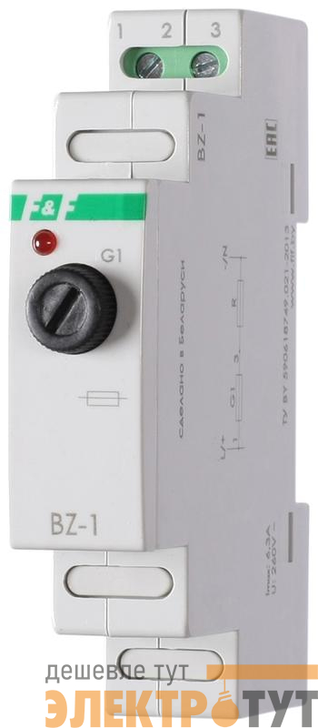Блок защиты BZ-1 1мод. AC 230В 0.5-6.3A IP20 предохранитель для монтажа на DIN-рейке индикатор срабатывания F&F EA09.001.001