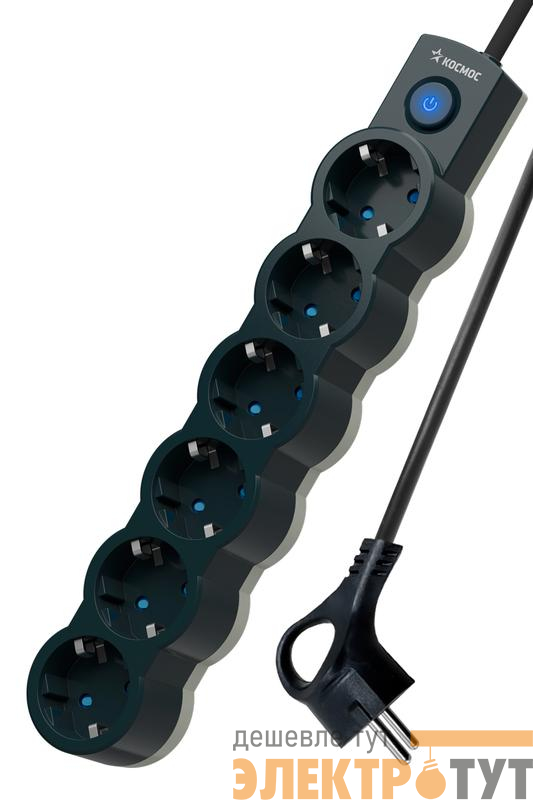 Удлинитель 6х3м с заземл. 10А IP20 2200Вт 220В защ. шторки ПВС 3х1 с выкл. черн. КОСМОС YKsm3m-6g-Z-V10A-B