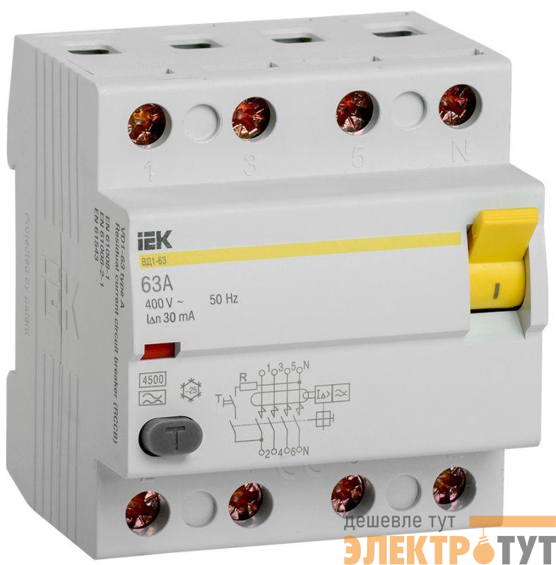 Выключатель дифференциального тока (УЗО) 4п 63А 30мА тип A ВД1-63 IEK MDV11-4-063-030