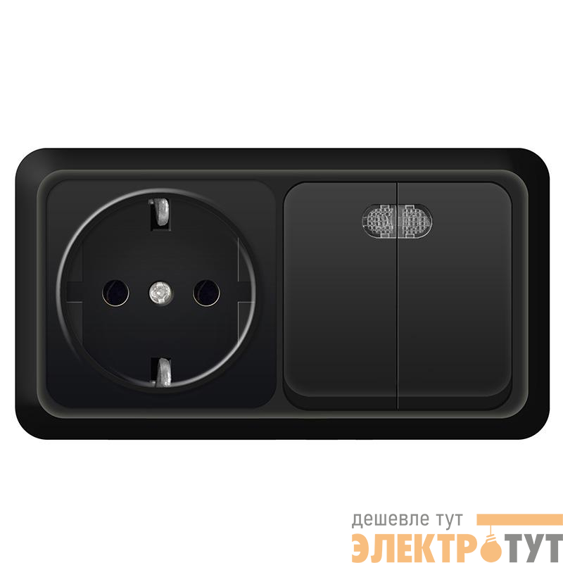 Блок ОП Олимп 2-кл. выкл. с подсветкой 10А + роз. с заземл. 16А 220В горизонт. черн. Universal 7946812