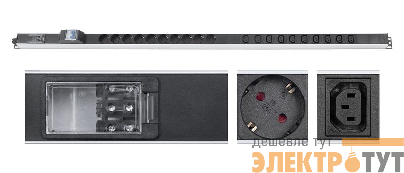 Блок розеток для 19дюйм шкафов PDU-16-10S-10C13-B-T вертик. 10 розеток Schuko 10 розеток IEC 320 C13 16А автомат защиты алюм. корпус клем. колодка 9550c