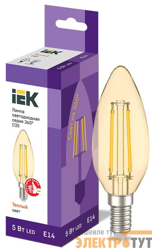Лампа светодиодная филаментная 360° 5Вт C35 свеча 2700К E14 230В золото IEK LLF-C35-5-230-30-E14-CLG