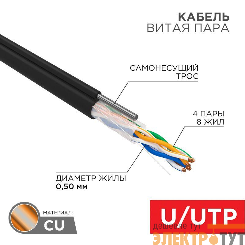 Кабель витая пара U/UTP кат.5E 4х2х24AWG solid CU PE Outdoor трос черн. (м) Rexant 01-0046