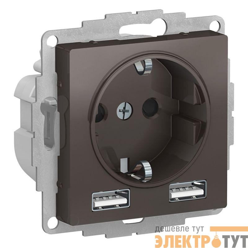 Механизм розетки 3-м СП AtlasDesign 16А IP20 с 2-мя заряд. устройствами USBA+A 5В/2.4А 2х5В/1.2А мокко SchE ATN000630