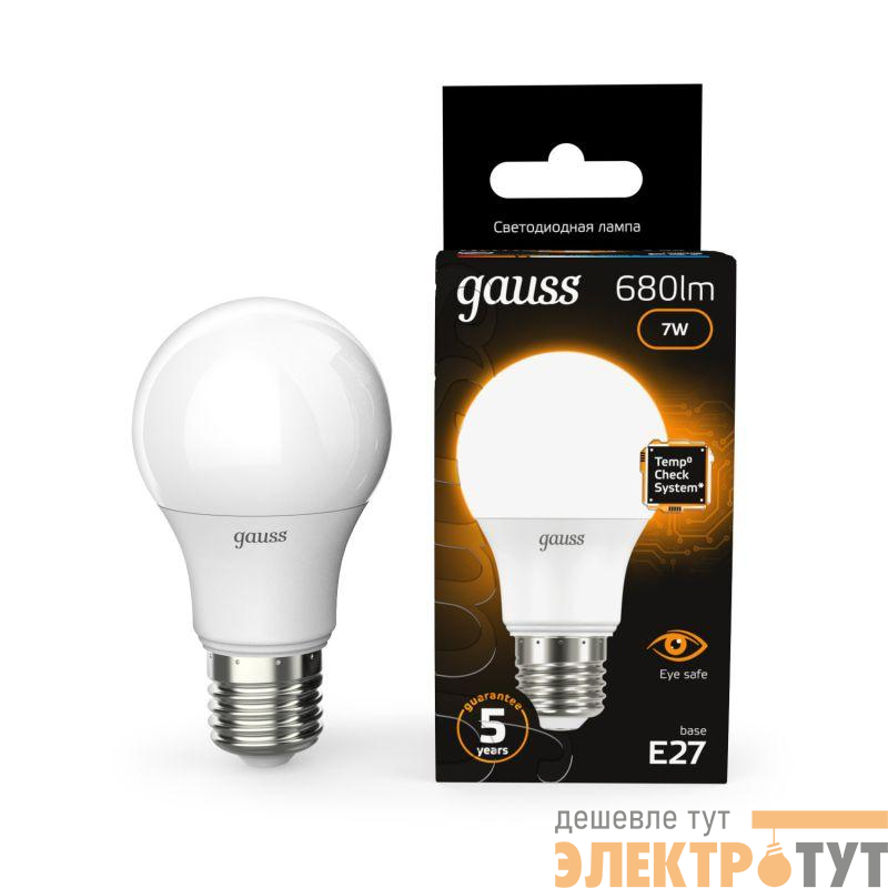 Лампа светодиодная Black 7Вт A60 грушевидная 3000К тепл. бел. E27 680лм GAUSS 102502107