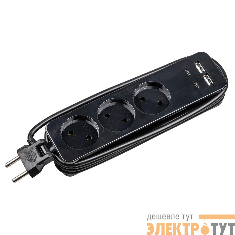 Удлинитель 3х1.8м без заземл. 2хUSB A+2xUSB type-C 10А IP20 S-CT3-1.8UC BLACK ПВС 2х1 Uniel UL-00011139