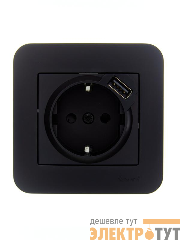 Розетка 1-м СП ASTI 16А IP20 с заземл. с заряд. устройством USB в сборе черн. бархат. LEZARD 7081-4242-181