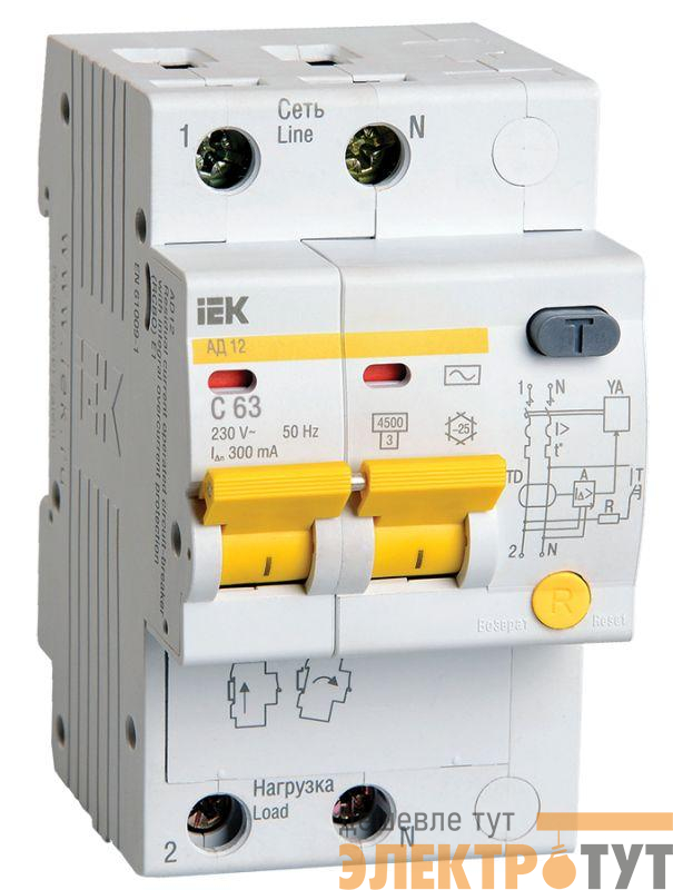 Выключатель автоматический дифференциального тока 2п C 63А 300мА тип AC 4.5кА АД-12 IEK MAD10-2-063-C-300