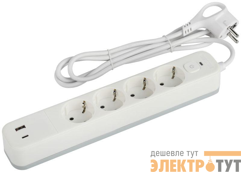 Удлинитель с сетевым фильтром 4х3м с заземл. 10А USF-4es-3m-2xUSBAC-W +2xUSBA+C 3.1A с выкл. с базов. защитой Эра Б0059573