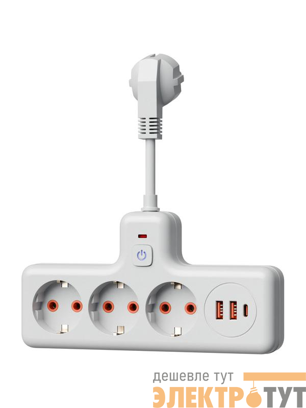 Удлинитель с сетевым фильтром 3х0.3м 10А 2USB + 1USBC 2500Вт ПВС 3х1 компакт бел. КОСМОС FRKsm0.3m-3g(W)USB