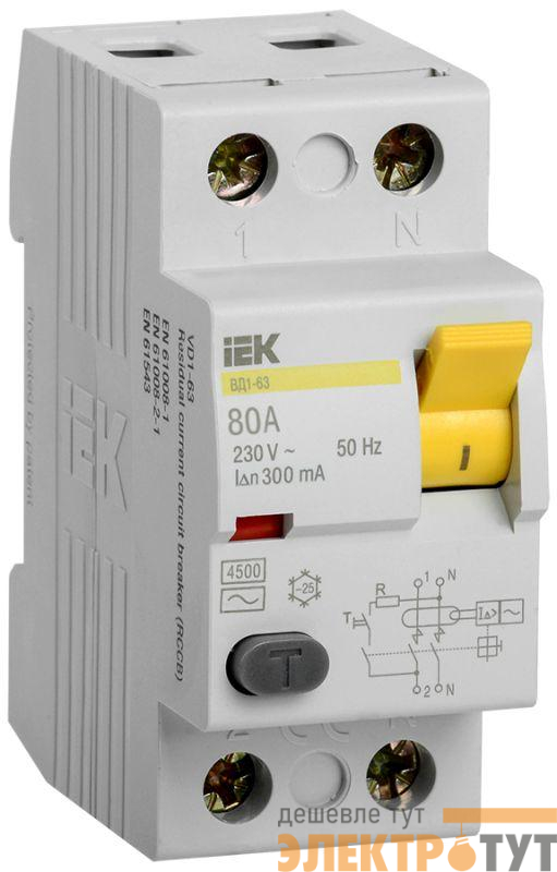 Выключатель дифференциального тока (УЗО) 2п 80А 300мА тип AC ВД1-63 IEK MDV10-2-080-300