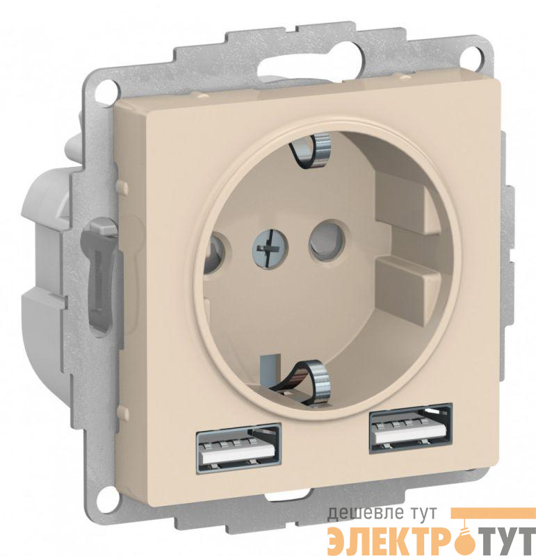 Механизм розетки 3-м СП AtlasDesign 16А IP20 с 2-мя заряд. устройствами USBA+A 5В/2.4А 2х5В/1.2А беж. SchE ATN000230