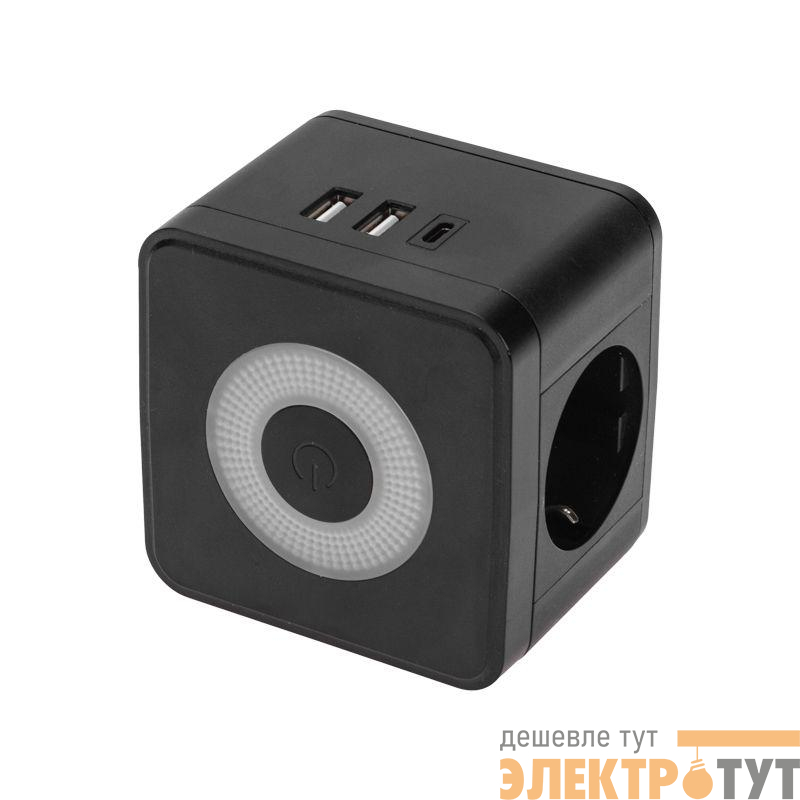Двойник электрический Куб 16А с/з+2хUSB-A 2.4А+USB Type-C 3А с ночной подсветкой черн. Rexant 11-1252
