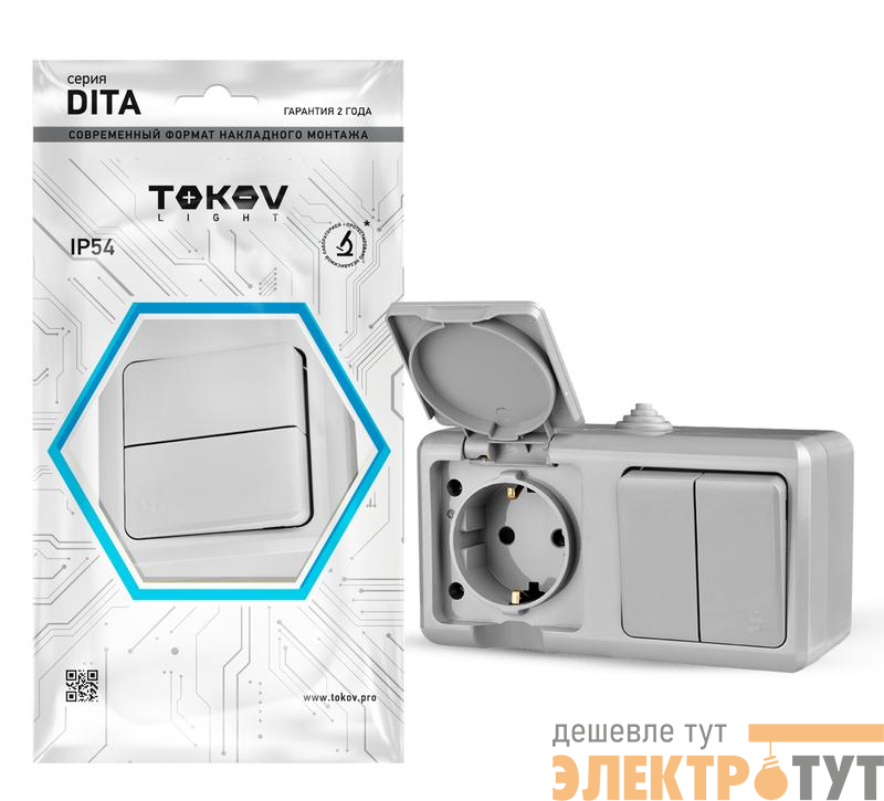 Блок ОП Dita (розетка 16А 250В с заземл. + 2-кл. выкл. 10А) IP54 сер. TOKOV ELECTRIC TKL-DT-V2RZ-C06-IP54