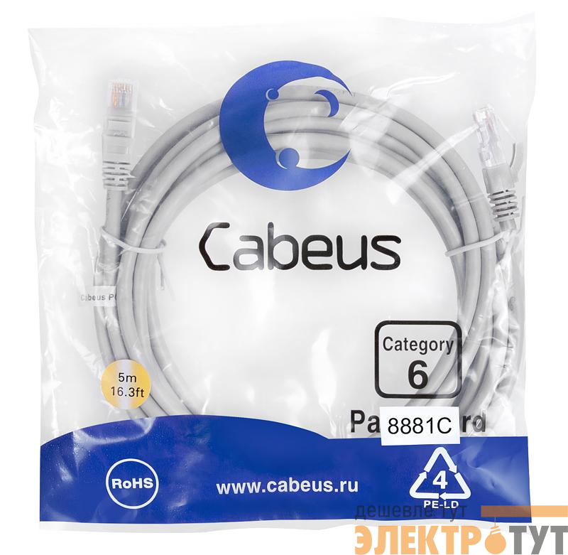 Патч-корд U/UTP кат.6 PC-UTP-RJ45-Cat.6-5m-LSZH 2xRJ45/8p8c неэкранир. LSZH 5м сер. Cabeus 8881c