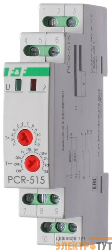 Реле времени PCR-515 (задержка вкл. 230В 2х8А 2перекл. IP20 монтаж на DIN-рейке) F&F EA02.001.006