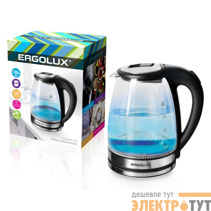 Чайник стеклянный ELX-KG07-C72 2.0л 220-240В 1700Вт черн. и нерж.сталь Ergolux 15074