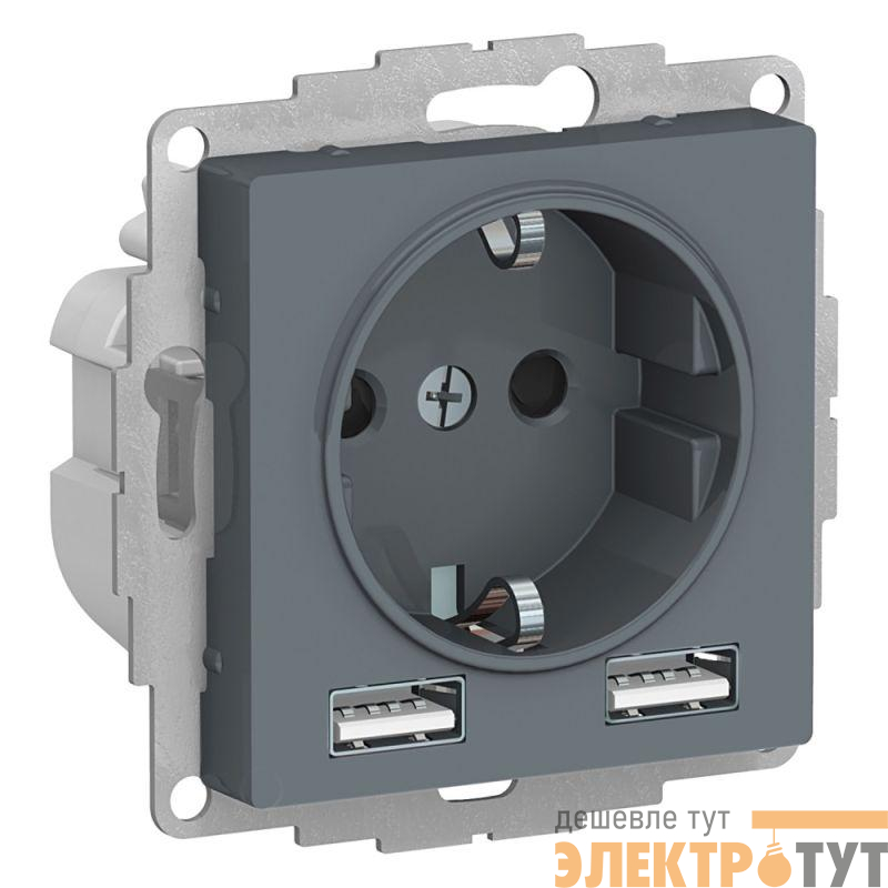 Механизм розетки 3-м СП AtlasDesign 16А IP20 с 2-мя заряд. устройствами USBA+A 5В/2.4А 2х5В/1.2А грифель SchE ATN000730
