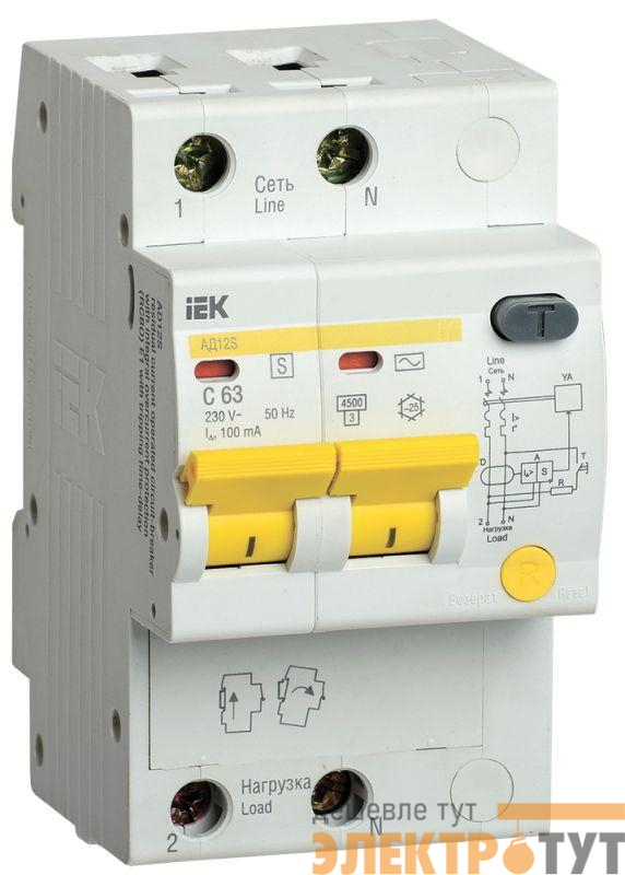 Выключатель автоматический дифференциального тока селективный 2п 63А 100мА тип AC АД12S IEK MAD13-2-063-C-100