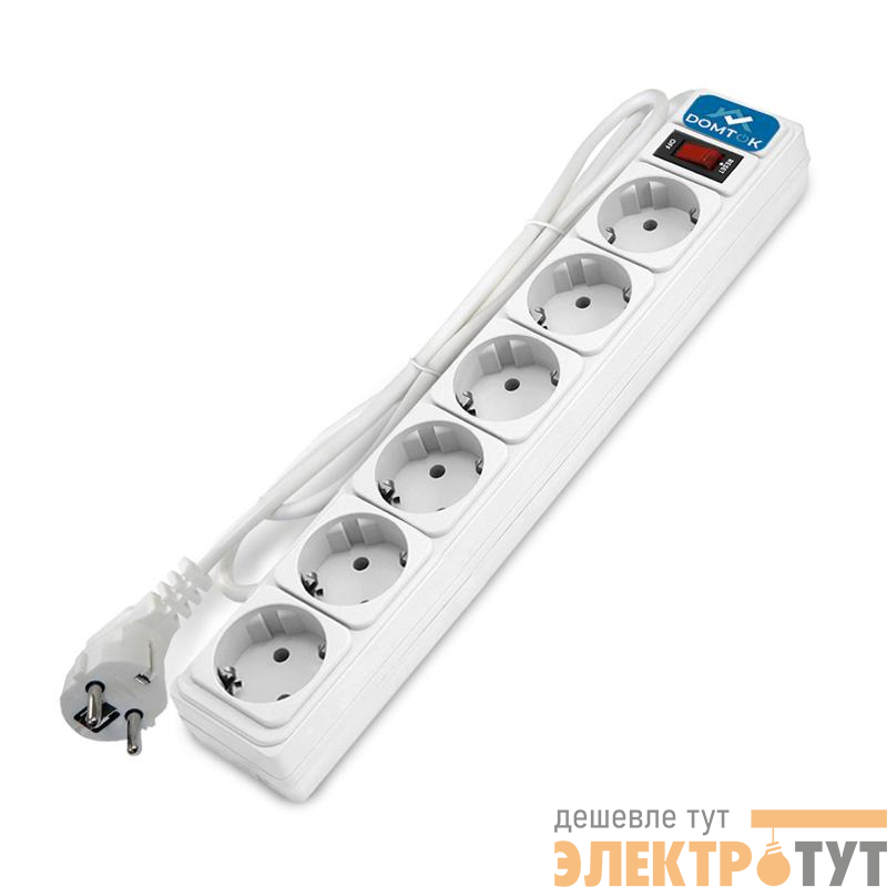 Удлинитель с сетевым фильтром 6х3м с заземл 10А IP20 2.2кВт ПВС 3х1 с выкл. бел. DOMTOK 2516