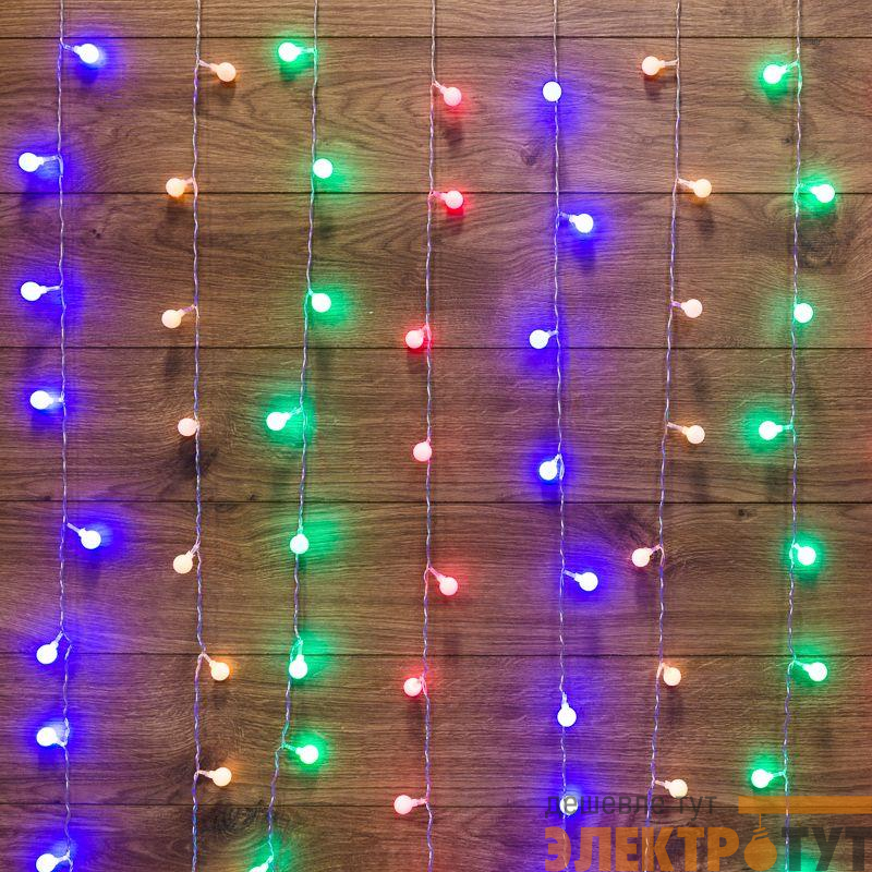 Гирлянда светодиодная "Светодиодный Дождь" 1.5х1.5м 144LED мультиколор 12Вт 230В IP20 с насадками шарики свечение с динамикой провод прозр. Neon-Night 235-049