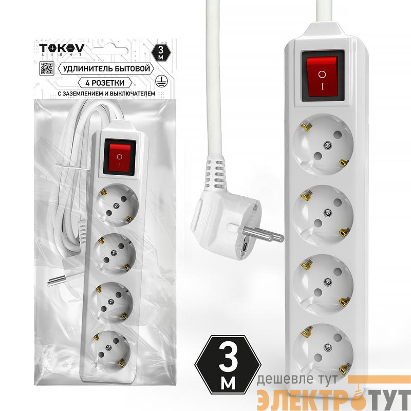 Удлинитель 4х3м с заземл. с выкл. 10А 3х1.5 TOKOV LIGHT TKL-C01-BU4-3-1.5-ZV