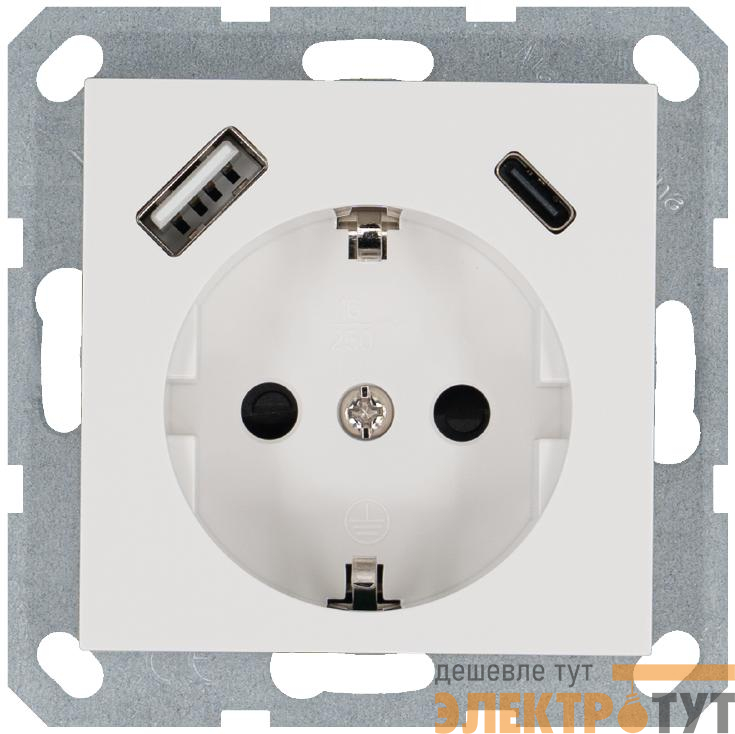 Розетка Shuko 16А с заземл. защ. шторки с 2-мя заряд. устройствами USB тип A+C 25Вт механизм бел. глянцевый Jasmart G5501USB-25W