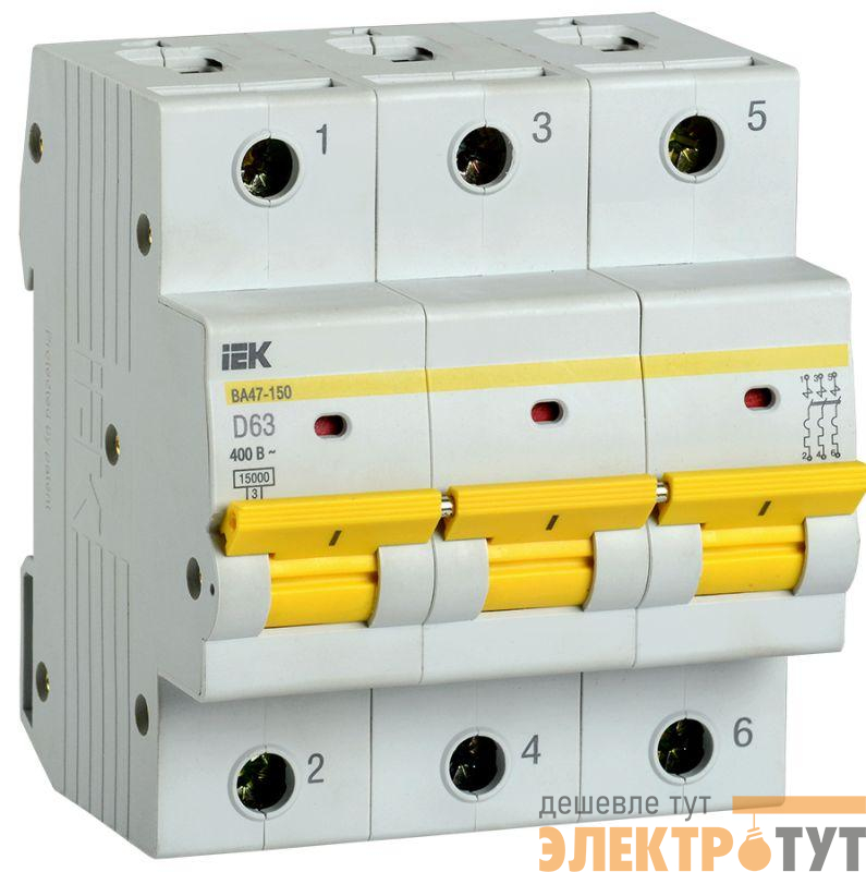 Выключатель автоматический модульный 3п D 63А 15кА ВА47-150 IEK MVA50-3-063-D
